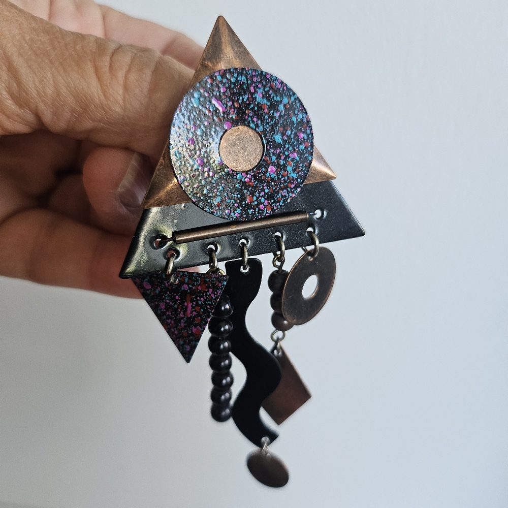 Vtg Kinetic Postmodern Brooch  dangle charm Memphis Era Abstract Enamel Copper